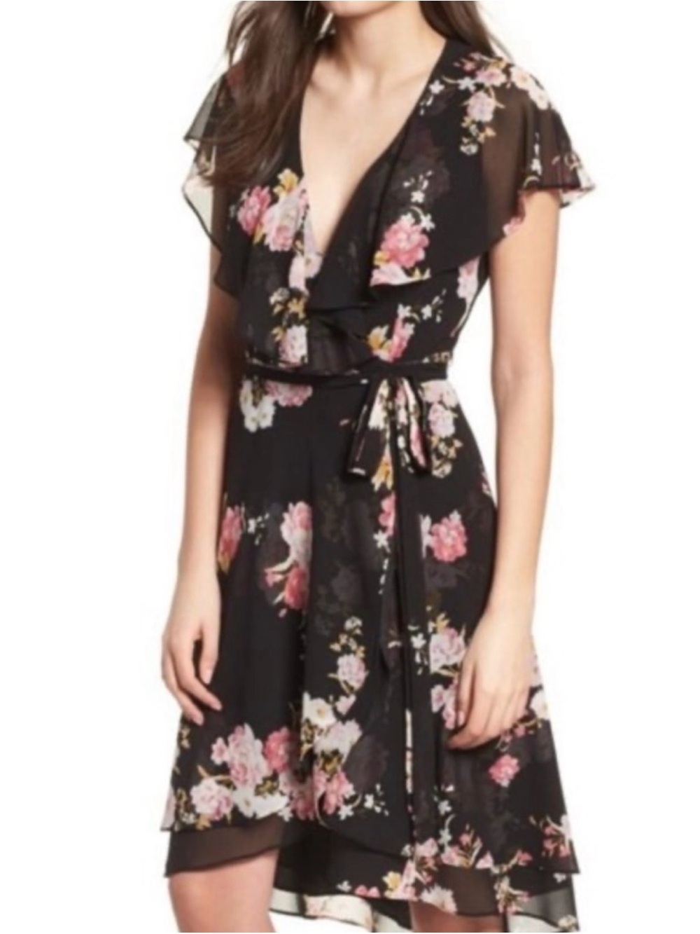 WAYF Palermo Floral Flutter Short-Sleeve Midi Dress - Black with Pink Floral